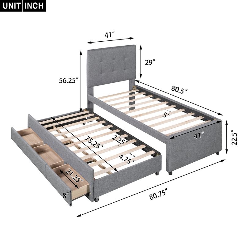 Upholstered Platform Bed with Pull-out Twin Size Trundle Bed and 3 Drawers-ModernLuxe, 3 of 13