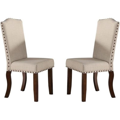 Vynxaria Set of 2 Beige Upholstered Dining Chairs with Tufted Backs and Nail - Head Trim, Ideal for Living Room & Dining Room