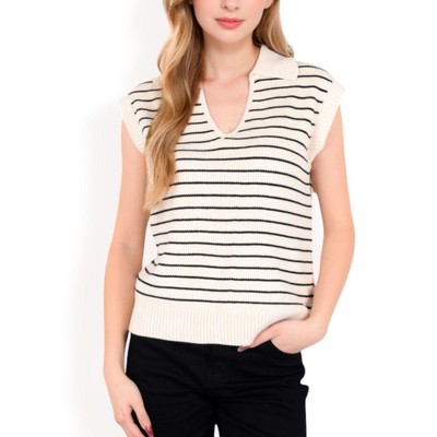 Anna-Kaci Women's Striped Knit Sleeveless Sweater Vest with Collared V-Neck