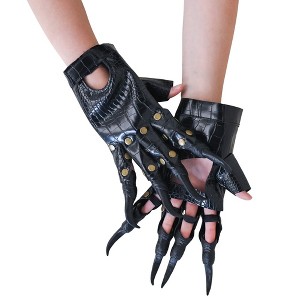 Skeleteen Faux Leather Claw Gloves - Black Lizard Skin Scary Leather Hand Glove Animal Claws for Women and Kids - 1 of 4