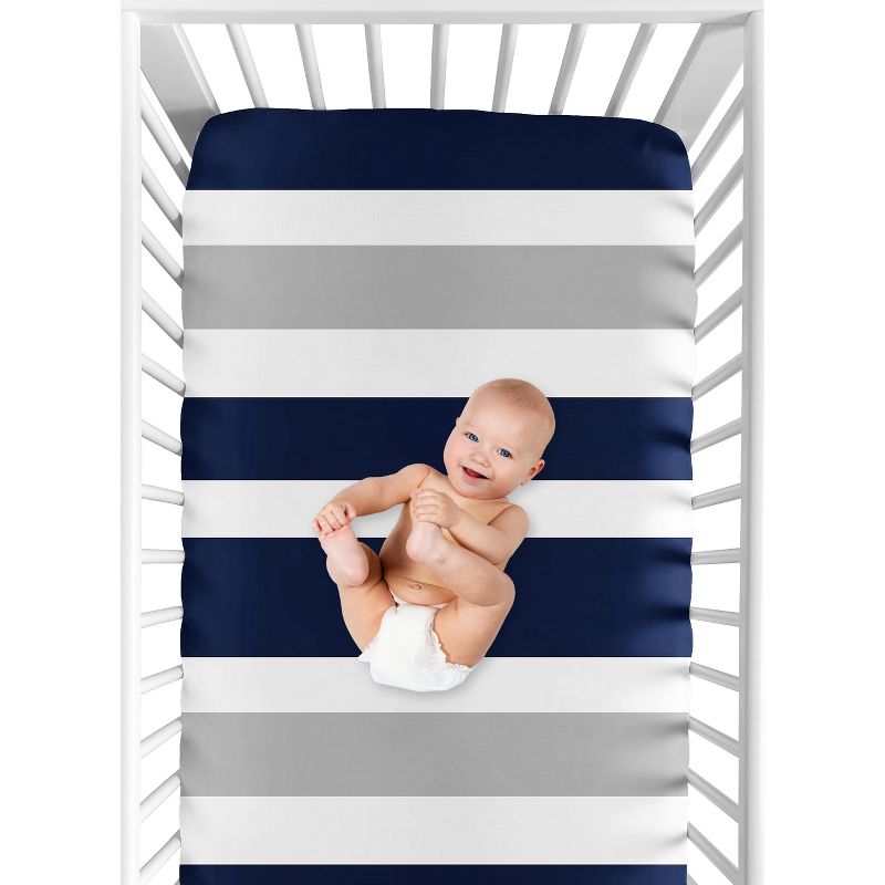 Sweet Jojo Designs Gender Neutral Baby Fitted Crib Sheet Stripe Navy Blue Grey and White, 5 of 8