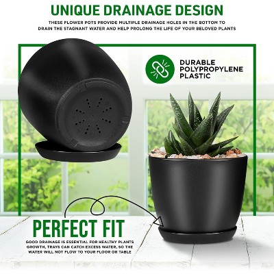 Black Stackable Plastic Plant Pots with Drainage - Set of 5