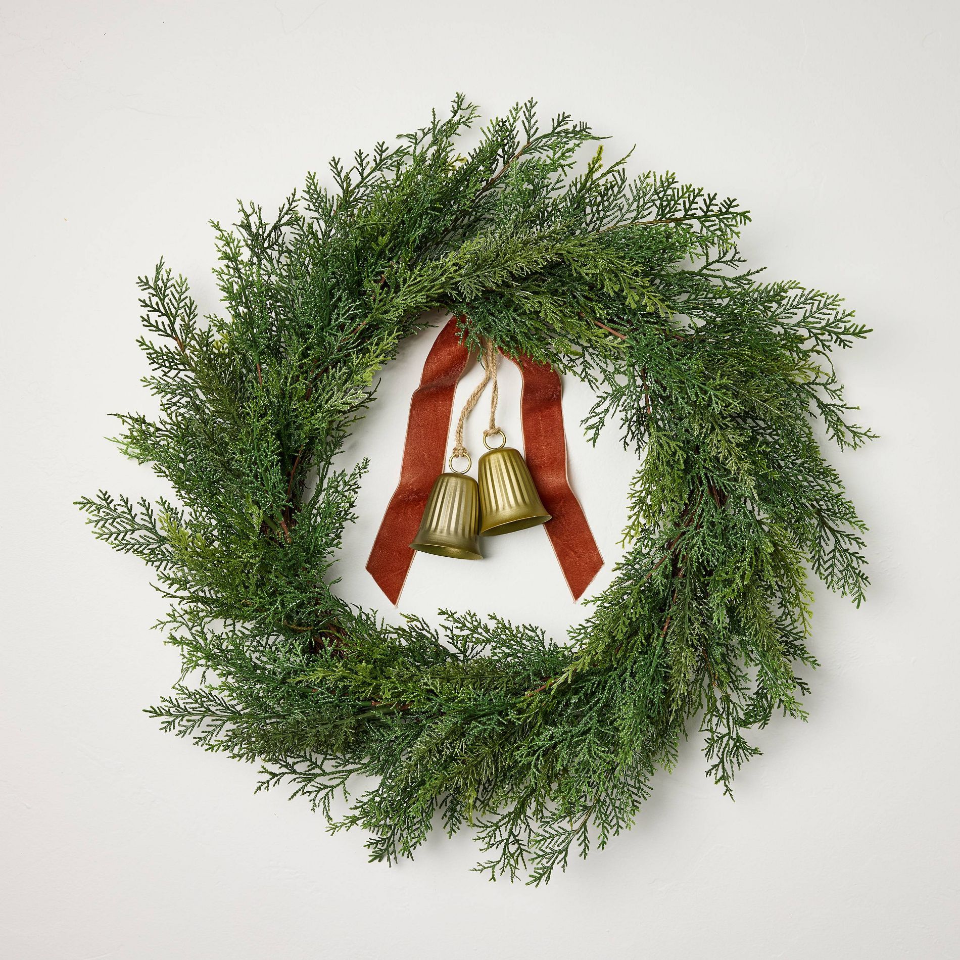 26" Cypress with Brass Bell and Red Ribbon Wreath - Hearth & Hand™ with Magnolia