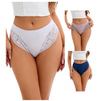 INSPIRE CHIC 3 Packs Women's Lace Trim Mid-Waisted Thongs Underwear Stylish Panties Available in Plus Size