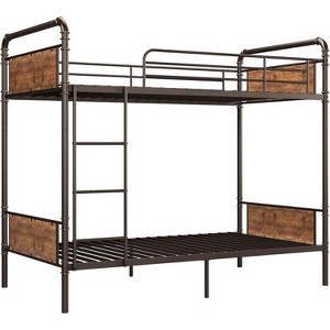 Metal Twin-over-Twin Bunk Bed, Heavy-Duty Industrial Frame with Safety Guardrails & Ladder, Convertible into Two Twin Beds, Brown - 1 of 4