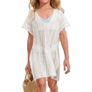 Girls Crochet Beach Cover Up Lightweight U Neck Kids Swimwear Above Knee Beach Cover Up for Girls Beachwear Tops - 1 of 4