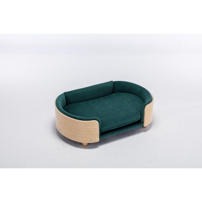 Gulches Scandinavian Style Medium-sized Dog Pet Sofa with Solid Wood Legs, Curved Wooden Back, Velvet Cushion in Dark Green