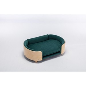 Gulches Scandinavian Style Medium-sized Dog Pet Sofa with Solid Wood Legs, Curved Wooden Back, Velvet Cushion in Dark Green - 1 of 4