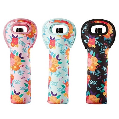 3-Pack Juvale Wine Carrier Bag, Insulated Neoprene Tote with Handles for Travel, Holds Standard Size Bottle of Wine, Floral Designs