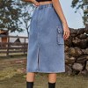 Coolmee Women Midi Skirt High Waist Cargo Skirt Button Front Zipper Denim Skirt with Pocket - 2 of 4