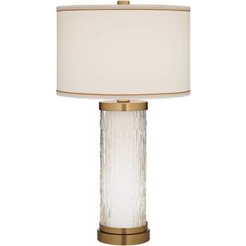 Possini Euro Design Eastlake 29" Tall Cylinder Modern End Table Lamp USB Port Night Light Clear Gold Glass Single White Shade Living Room Charging