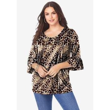 Plus Size Women's Scoop-Neck Tee by Jessica London in Natural Bold Leopard ( Size 34/36) 3/4 Sleeve Shirt - Yahoo Shopping