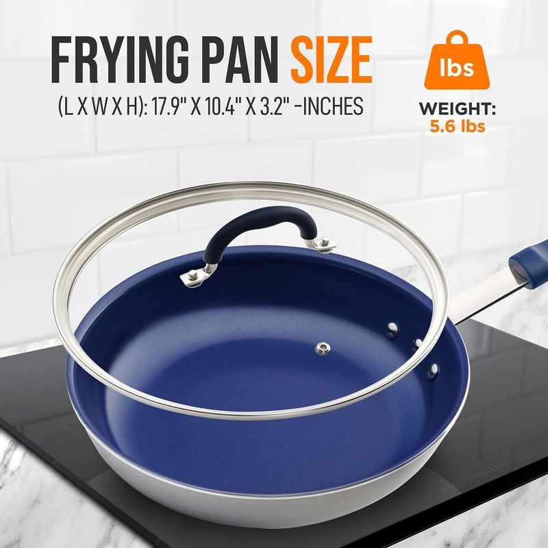 NutriChef 10" Fry Pan With Lid - Medium Skillet Nonstick Frying Pan with Silicone Handle, Ceramic Coating, Blue Silicone Handle, 2 of 4