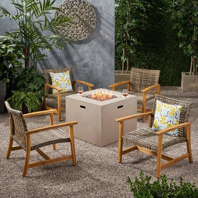 Augusta 5pc Wood & Wicker Club Chairs & Fire Pit Set - Natural/Gray/Light Gray - Christopher Knight Home