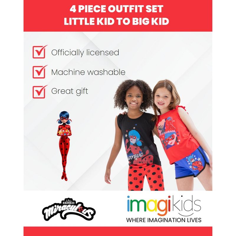 Miraculous Cat Noir Ladybug Girls Dolphin Active Shorts Leggings Tank Top and T-Shirt 4 Piece Outfit Set Little Kid to Big Kid, 3 of 10