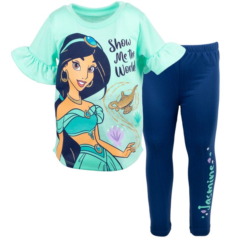 Disney Frozen Princess Moana Little Mermaid Floral Girls T-Shirt and Leggings Outfit Set Toddler to Big Kid, 1 of 8