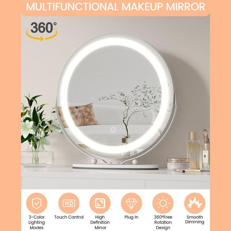 19 inch Vanity Mirror with Lights Smart Touch Control 3 Colors Dimmable Vanity Mirror, 360°Rotation Lighted Makeup Mirror, 4 of 9