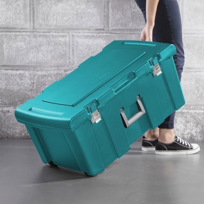 Teal Plastic Wheeled Footlocker Storage Container, 2 Pack, 16 Gallon