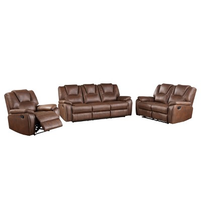 Katrine Reclining Sofa Loveseat and Chair Set Brown - Steve Silver Co.: Luxurious Faux-Leather, Manual Motion, Padded Armrests