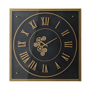 HomeRoots 35" Black And Gold Glass And Metal Exposed Gear Square Wall Clock - 1 of 4