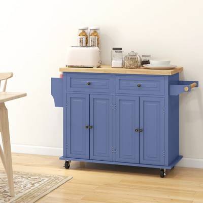 Navy Blue Rubberwood Kitchen Cart with Spice Rack and Storage
