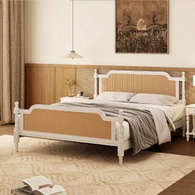 KTMBDW Full/Queen/King Size Bed Frame, Platform Bed Frame with Natural Rattan Headboard and Footboard, No Box Spring Needed, Noise-Free, Easy Assembly
