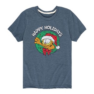 Boys' - Garfield - Happy Holidays Wreath Short Sleeve Graphic T-Shirt - 1 of 4