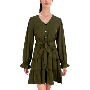 Anna-Kaci Women's Ruffle Chiffon V-Neck Bell Sleeves Beltd Midi Flowy Swing Skater Dress - 1 of 4
