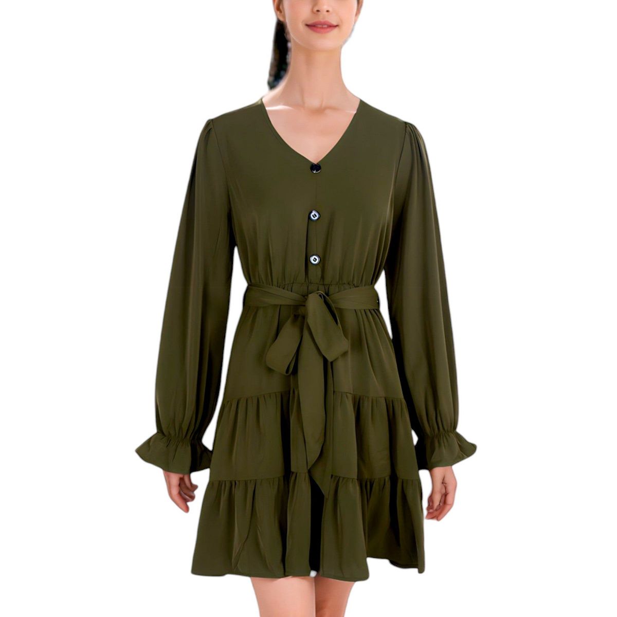 Anna-Kaci Women's Ruffle Chiffon V-Neck Bell Sleeves Beltd Midi Flowy Swing Skater Dress