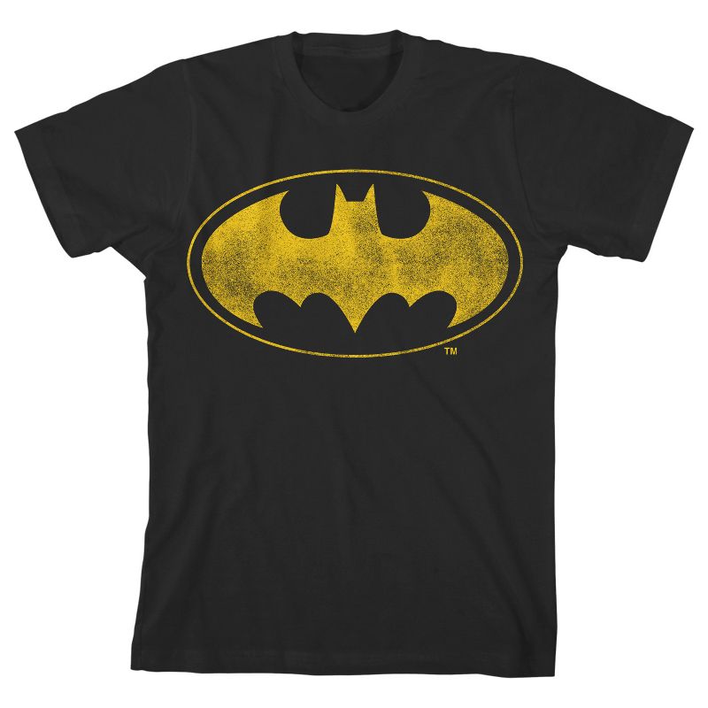 Batman Distressed Yellow Logo Black T-shirt Toddler Boy to Youth Boy, 1 of 4
