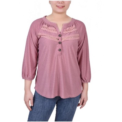 NY Collection Womens Swiss Dot Henley Blouse