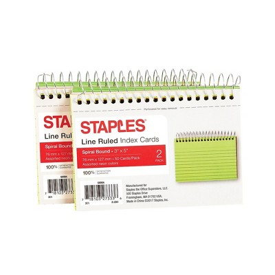 Staples 3" x 5" Line Ruled Assorted Neon Spiral-Bound Index Cards 2/PK (50994) TR50994