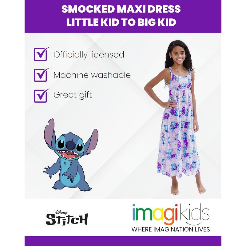 Mickey Mouse & Friends Minnie Lilo Stitch Floral Girls Smocked Maxi Dress Little Kid to Big, 5 of 8