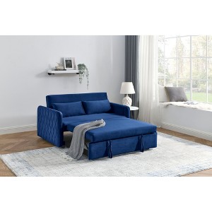 55" Modern Velvet Convertible Sofa Bed - with Detachable Arm Pockets, Pull-Out Bed, 2 Pillows, Adjustable Backrest, Grid Design Armrests - 1 of 4