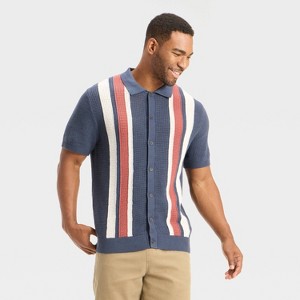Men's Striped Full Button Sweater - Goodfellow & Co™ Navy Blue - 1 of 3