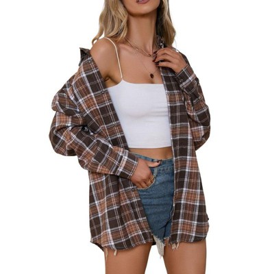Coolmee Women's Button Down Flannel Shirts Plaid Shacket Long Sleeve Collared Business Casual Tops Work Blouses