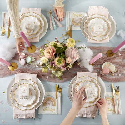 Boho Rainbow Baby Shower Disposable Tableware Set with Gold Foil Accents