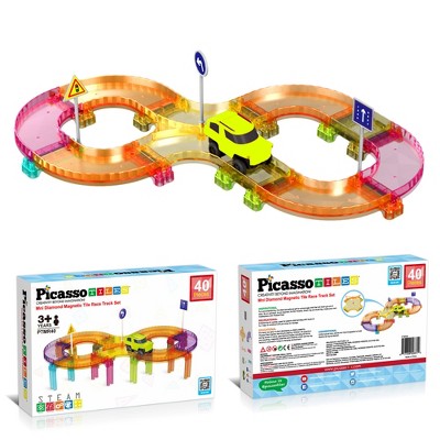 PICASSO-TILES 40 PC Mini Race Track, Magnetic Tiles, Building Blocks, STEM Toys for Kids 3+