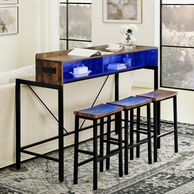 59" 4-Piece Bar Table and Chairs Set, Dining Table with 3 Bar Stools Breakfast Table Set with Power Socket LED Light