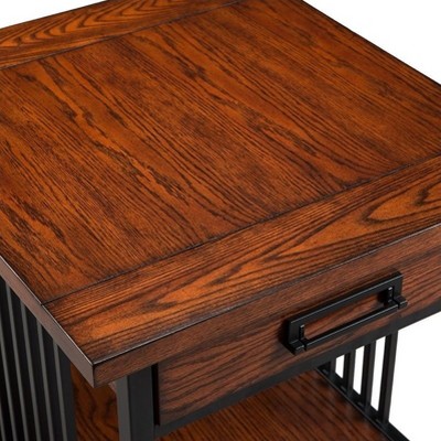 Ironcraft Mission Oak & Matte Black Wood End Table with Drawer