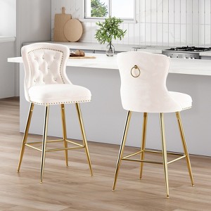 APRILSOUL26.00"Bar Stools Set of 2, Velvet Counter Height Bar Stools with Metal Legs, Button Tufted and Nailheads Trim - 1 of 4
