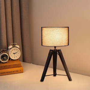18" Industrial Wood Tripod Table Lamp with Linen Drum Shade and Metal Accents for Bedroom, Living Room, Study, or Hotel - 1 of 4