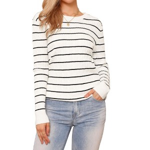 Allegra K Women Striped Round Neck Hollow Long Sleeve Regular Fit Casual Fall Winter Trendy Sweater - 1 of 4