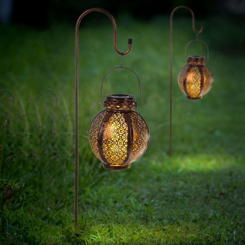 Set of 2 Solar Outdoor Lights - Hanging or Tabletop Rechargeable LED Lantern Set with 2 Shepherd Hooks for Outdoor Decor by Pure Garden (Bronze), 5 of 13