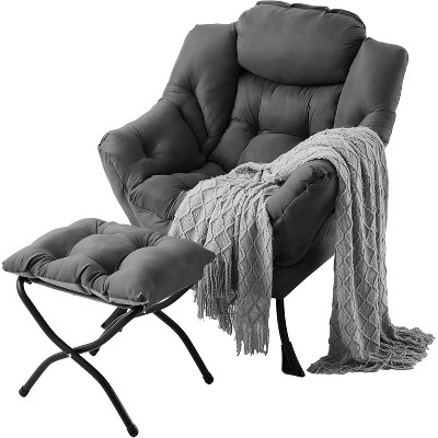 Lazy Chair, Modern Soft Reading Lounge Sofa Chair with Armrests and Side Pockets, 350 lbs Weight Capacity, with Footrest, Gray