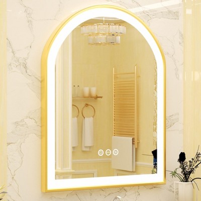 36x24 Inch Arch LED Bathroom Mirror Metal Frame 3 Colors Dimming Wall Anti-fog