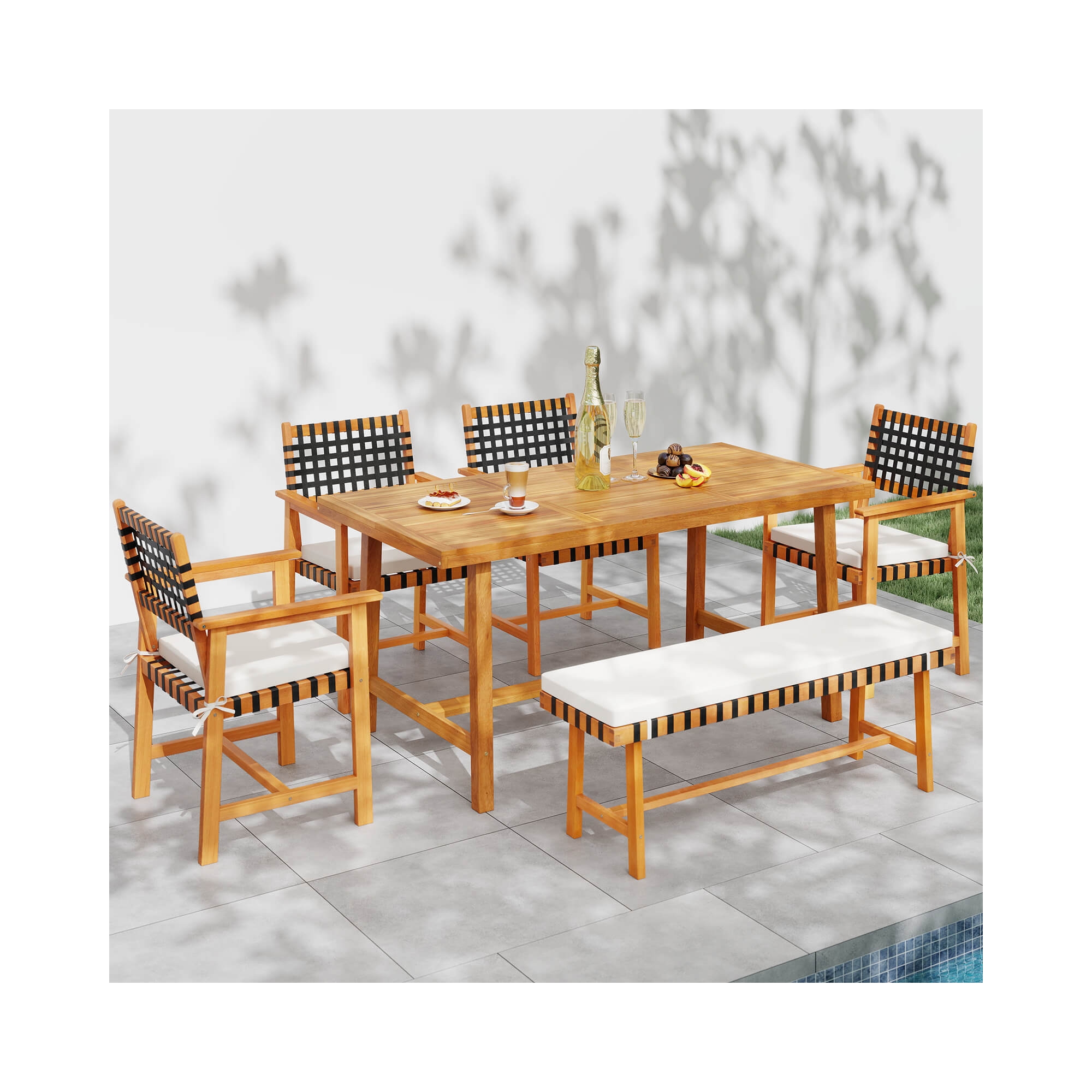 Costway 6PCS Patio Dining Set, Acacia Wood Table & Bench & 4 Armchairs with Umbrella Hole