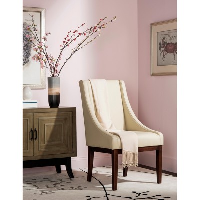 Cream Leather Swoop Arm Accent Chair with Wood Legs
