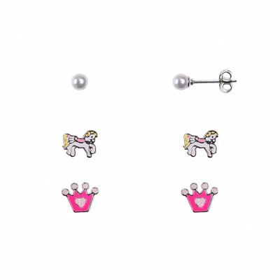 FAO Schwarz Enamel Unicorn, Crown and Pearl Trio Earring Set