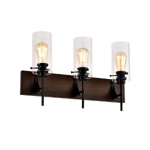 DOMETOUR 3-Light Matte Black & Wood Bathroom Light Fixtures, Modern Glass Shade Vanity Lights, Vintage Over Mirror Wall Lights for Kitchen & Hallway - 1 of 4